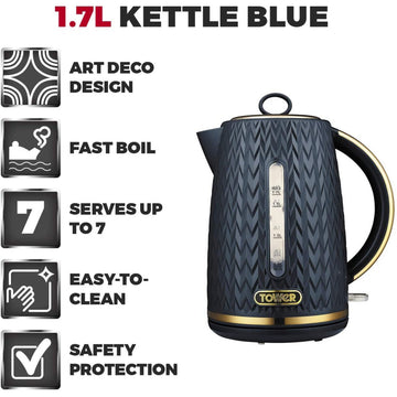 Tower Empire 1.7L 3000W Blue Brass Accents Electric Kettle