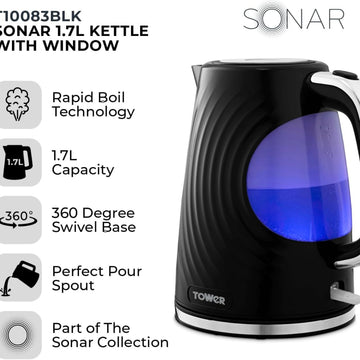 Tower Sonar 3000W 1.7L Black Electric Cordless Textured Kettle