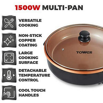 Tower Cerasure+ 1500W Copper Electric Multi Pan Glass Lid