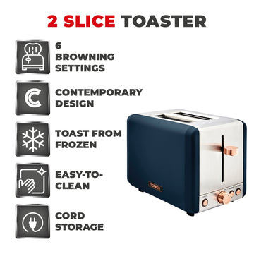 Tower Cavaletto 850W 2 Slice Blue Stainless Steel Toaster