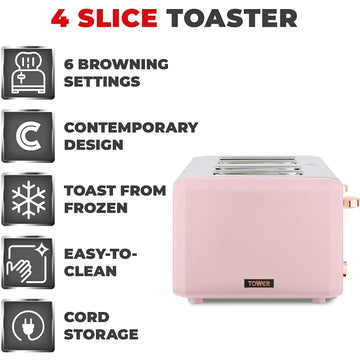 Tower Cavaletto 4 Slice Stainless Steel Pink Toaster
