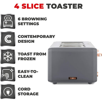 Tower Cavaletto 1800W 4 Slice Grey Stainless Steel Toaster