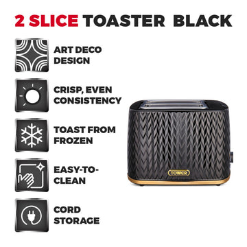 Tower Empire 2 Slice Black Brass Accents Toaster