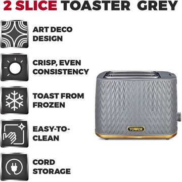 Tower Empire 2 Slice Grey Brass Accents Toaster