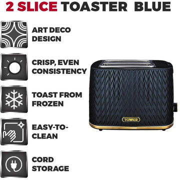 Tower Empire 2 Slice Blue Brass Accents Toaster