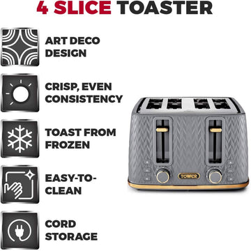 Tower Empire 4 Slice Grey Brass Accents Toaster