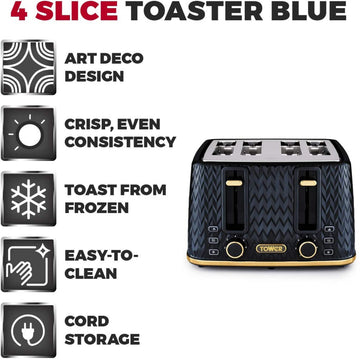 Tower Empire 4 Slice Blue Brass Accents Toaster