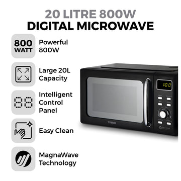 Tower 800W 20L Black Digital Microwave