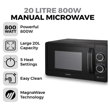 Tower 800W 20L Black Manual Microwave