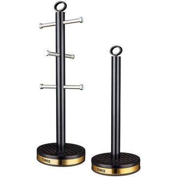 Tower Empire Black 6 Cup Mug Tree and Towel Pole Set