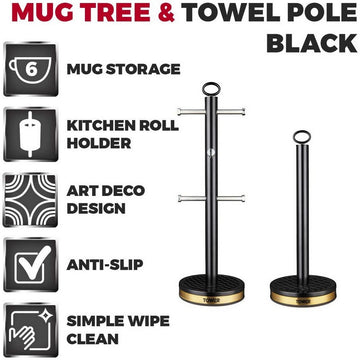 Tower Empire Black 6 Cup Mug Tree and Towel Pole Set