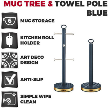 Tower Empire Blue 6 Cup Mug Tree and Towel Pole Set