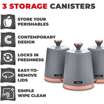 Tower Cavaletto Set of 3 Grey Canisters Set