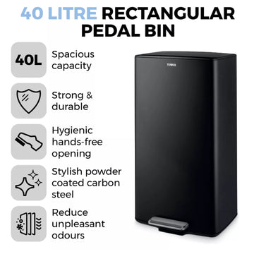 Tower 40L Rectangular Black Pedal Trash Bin