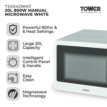 Tower 20L 800W White Manual Microwave Oven