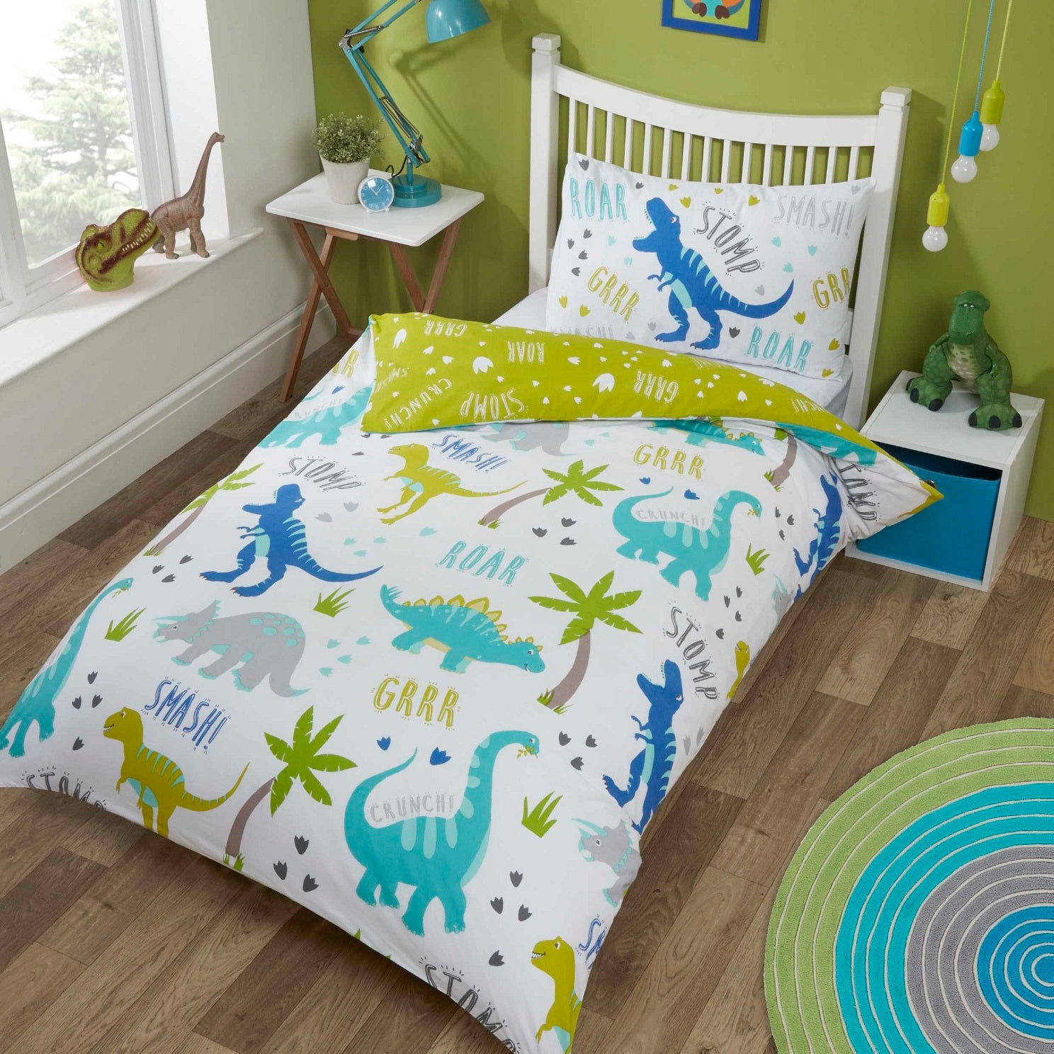 Roarsome Dinosaurs Duvet Cover Set Single Green Blue