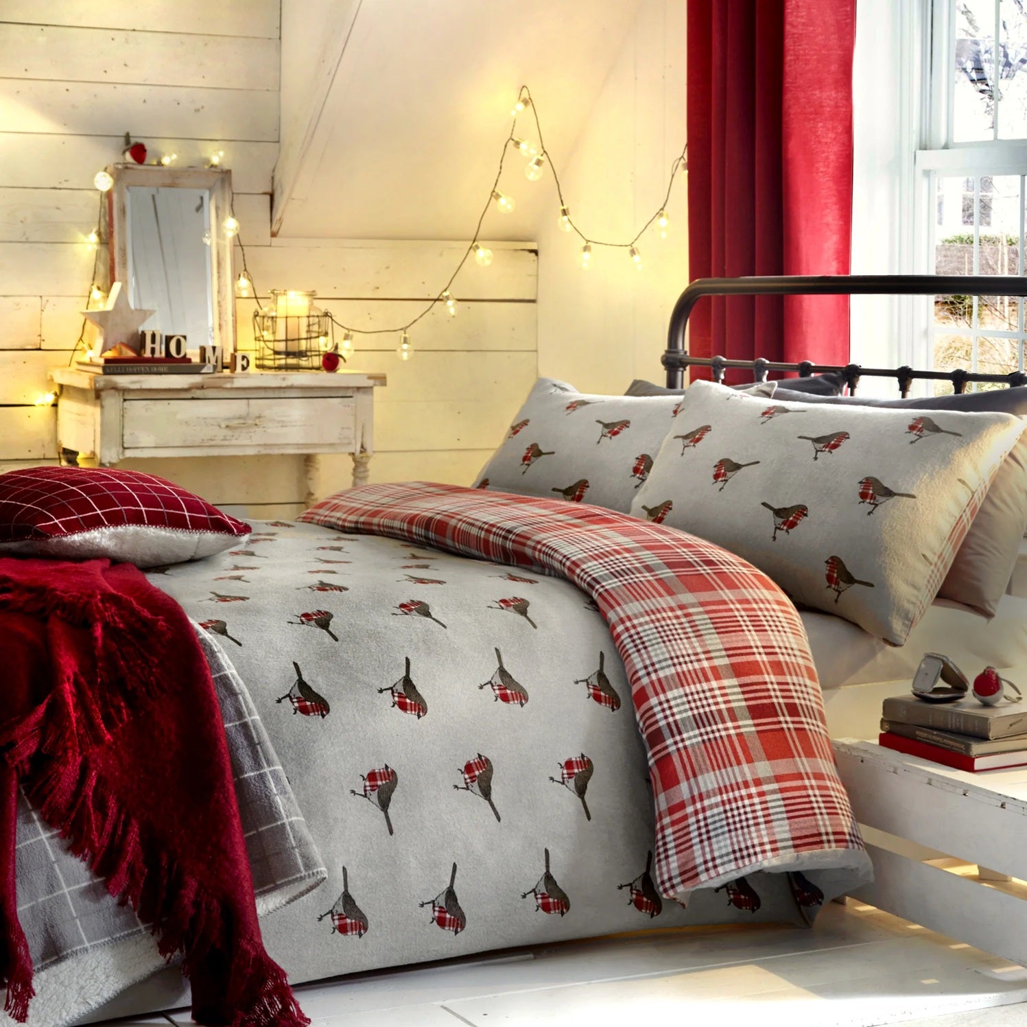 Robin Brushed Cotton Duvet Cover Set, King, Red & Grey