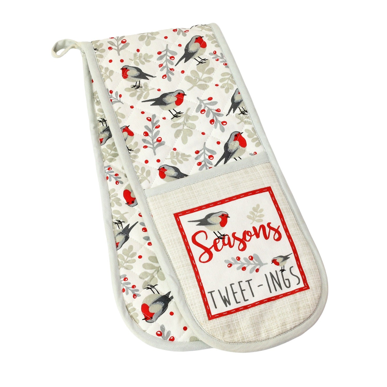 Robin Double Oven Gloves 100% Cotton, Grey & Red