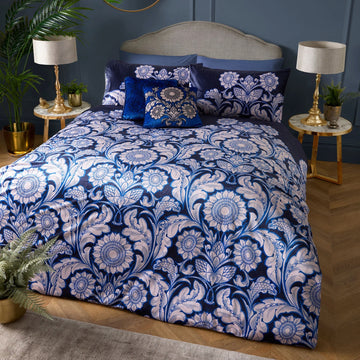 Laurence Llewelyn Bowen LLB Velvet Floral Duvet Cover Set, King, Blue & Natural