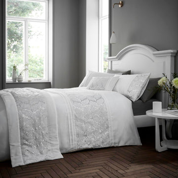Luxury Embellished Shimmer Sequins Duvet Cover Set, Super King, White
