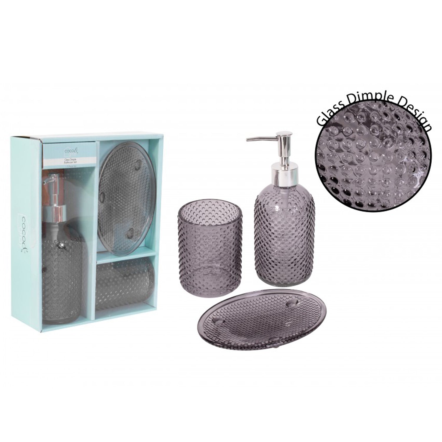 3Pcs Glass Bathroom Set Dimple Effect Grey Soap Dish Toothbrush Holder Dispenser