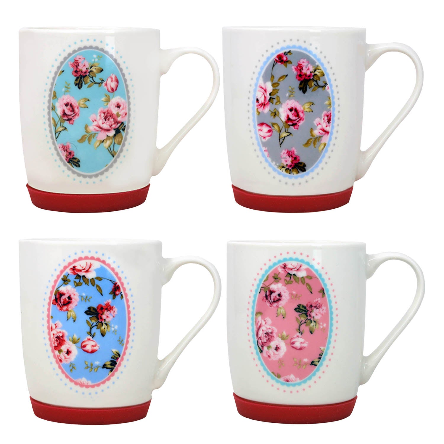 4Pcs 320ml Assorted Floral Design Porcelain Mugs Coffee