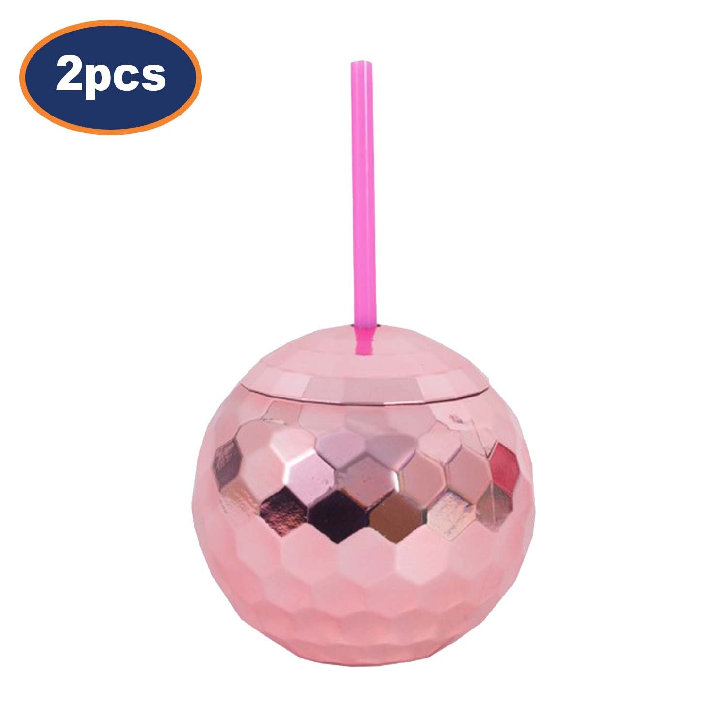 2Pcs Pink Round Plastic Disco Ball Design Tumblers With Straws