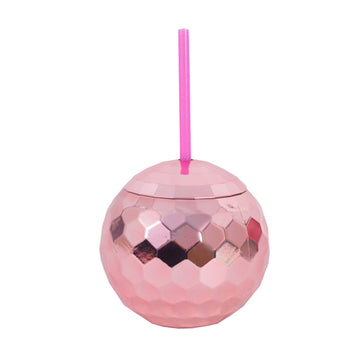 3Pcs Pink Round Plastic Disco Ball Design Tumblers With Straws