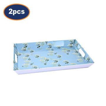 2Pcs 38cm Blue Blossom Design Melamine Rectangle Serving Tray