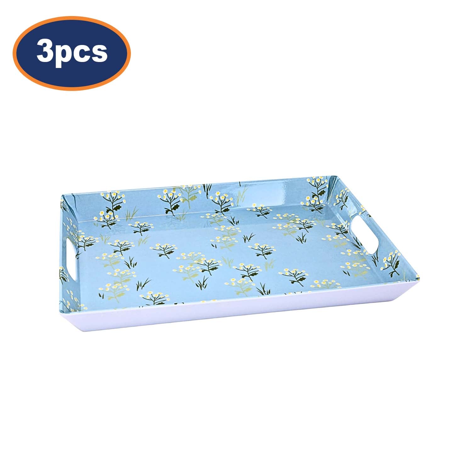 3Pcs 38cm Blue Blossom Design Melamine Rectangle Serving Tray
