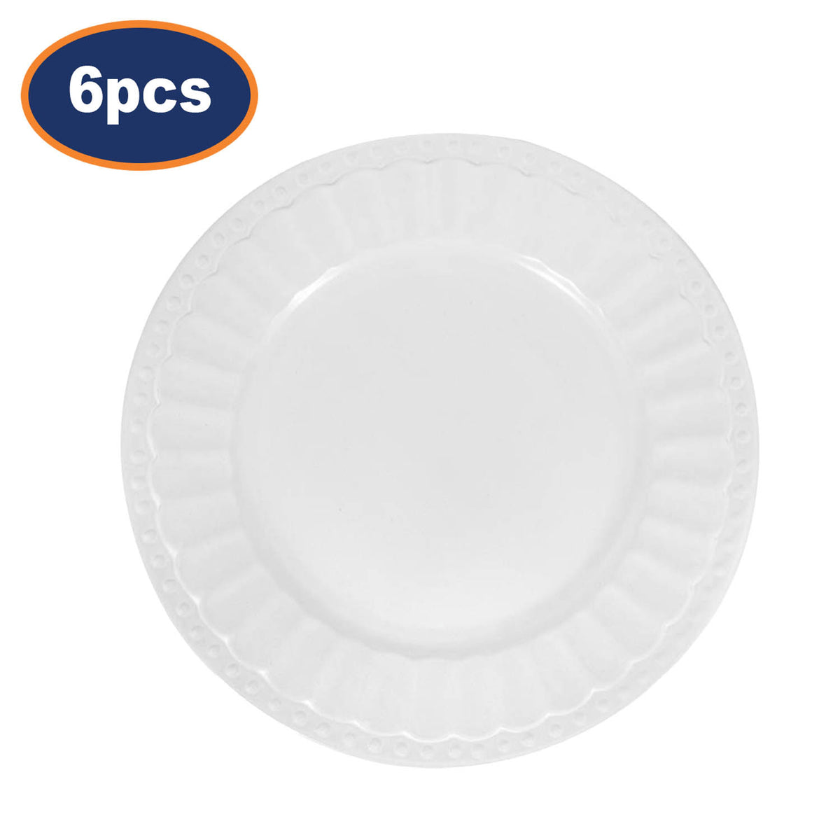 6Pcs 27cm White Fluted Rim Stoneware Round Dinner Plate