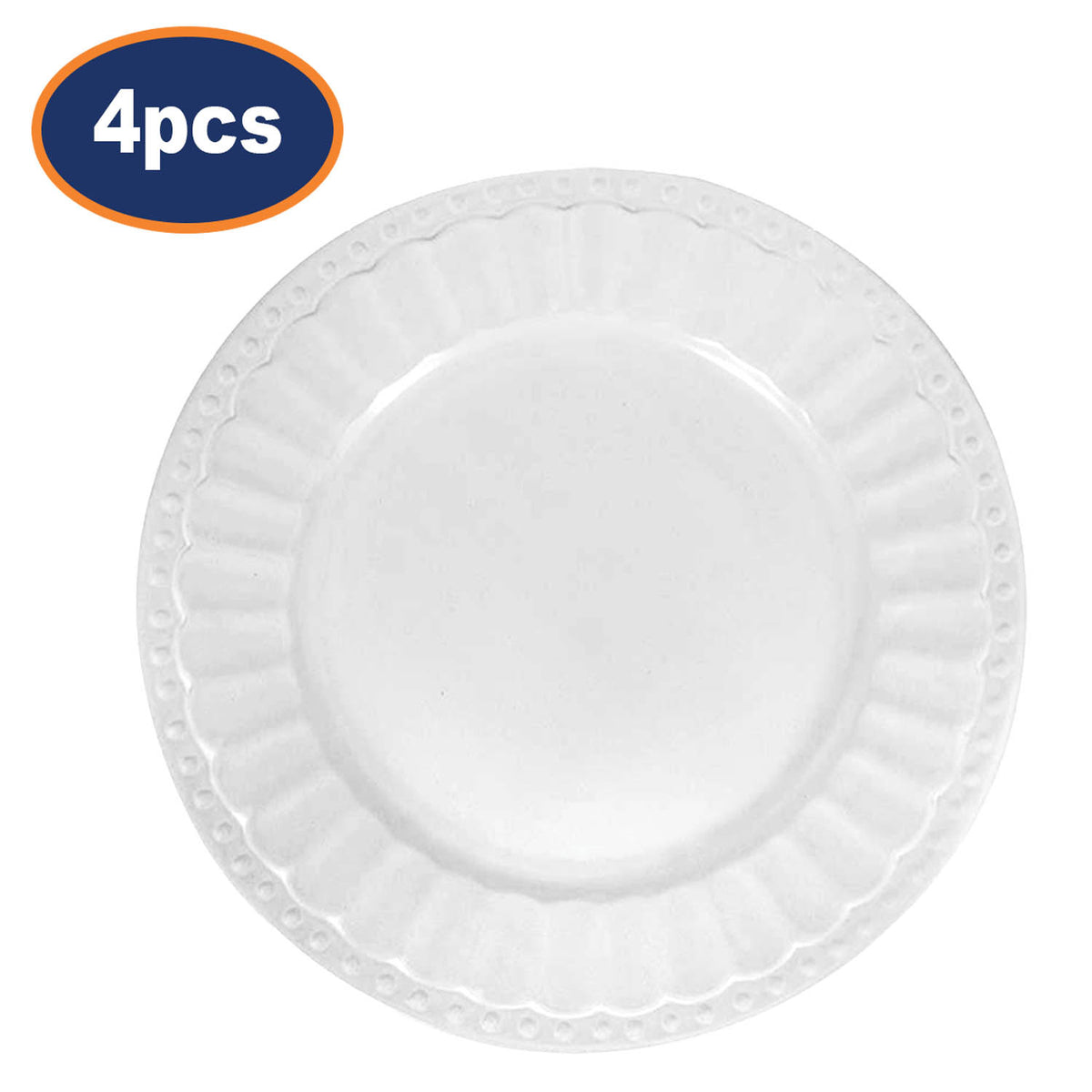 4Pcs 20cm White Fluted Rim Stoneware Round Side Plate