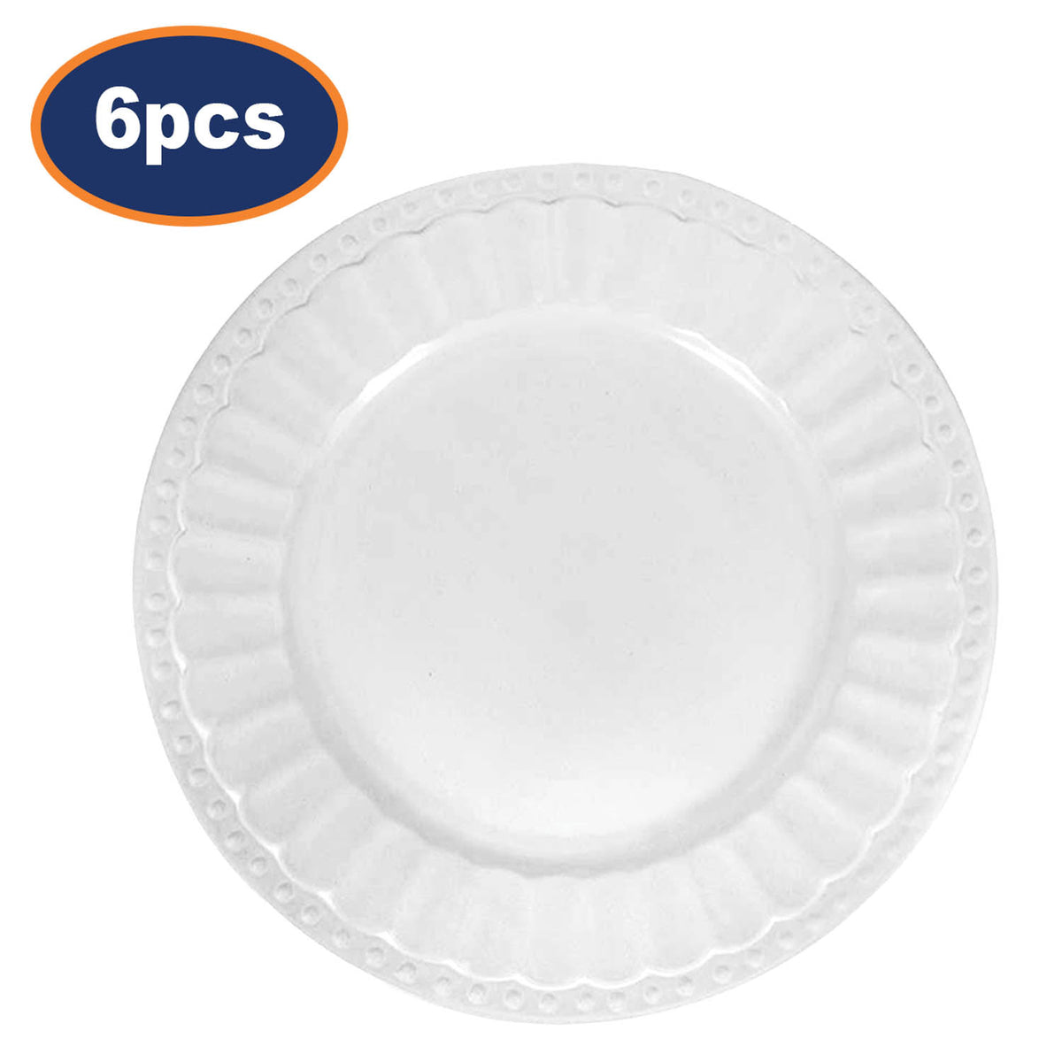 6Pcs 20cm White Fluted Rim Stoneware Round Side Plate