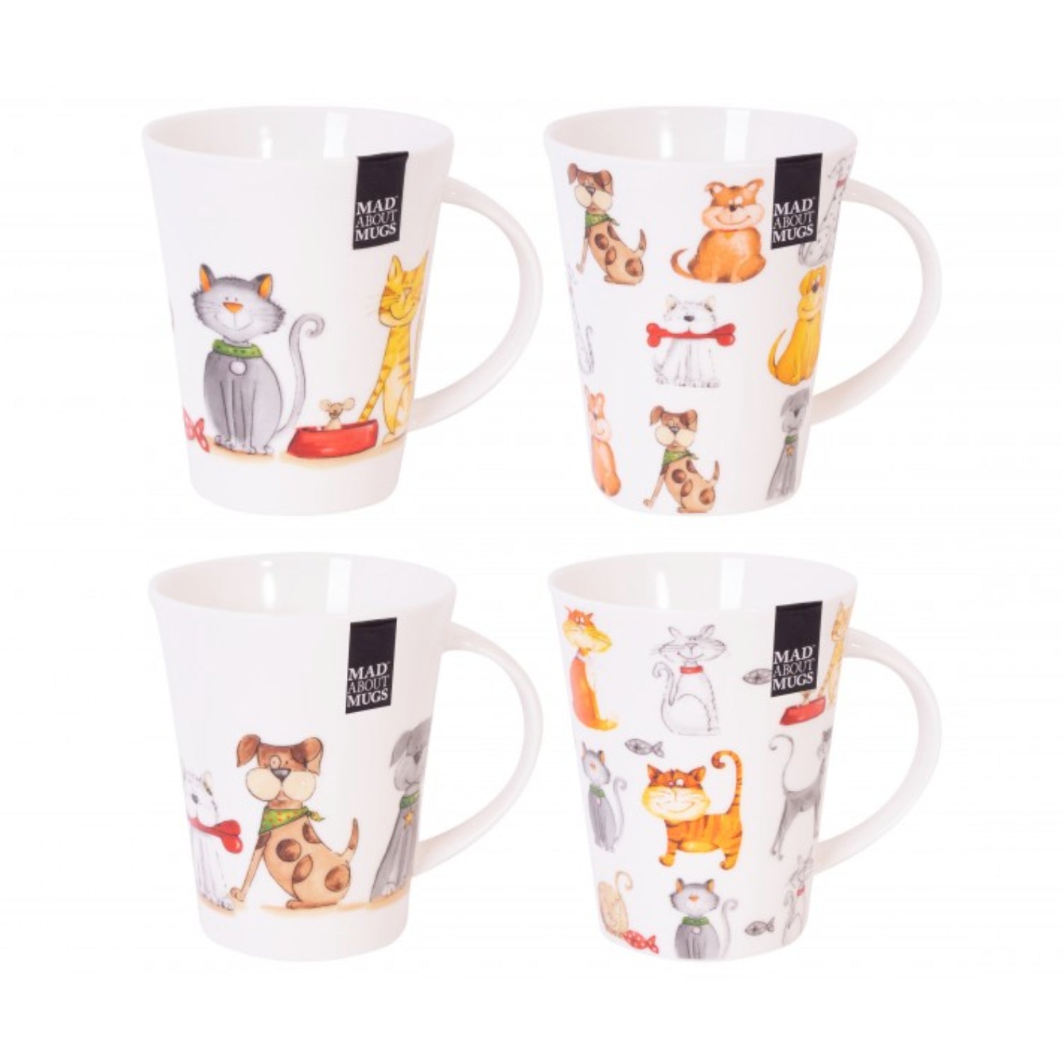 4Pcs 370ml Cat & Dog Design Fine China Mugs