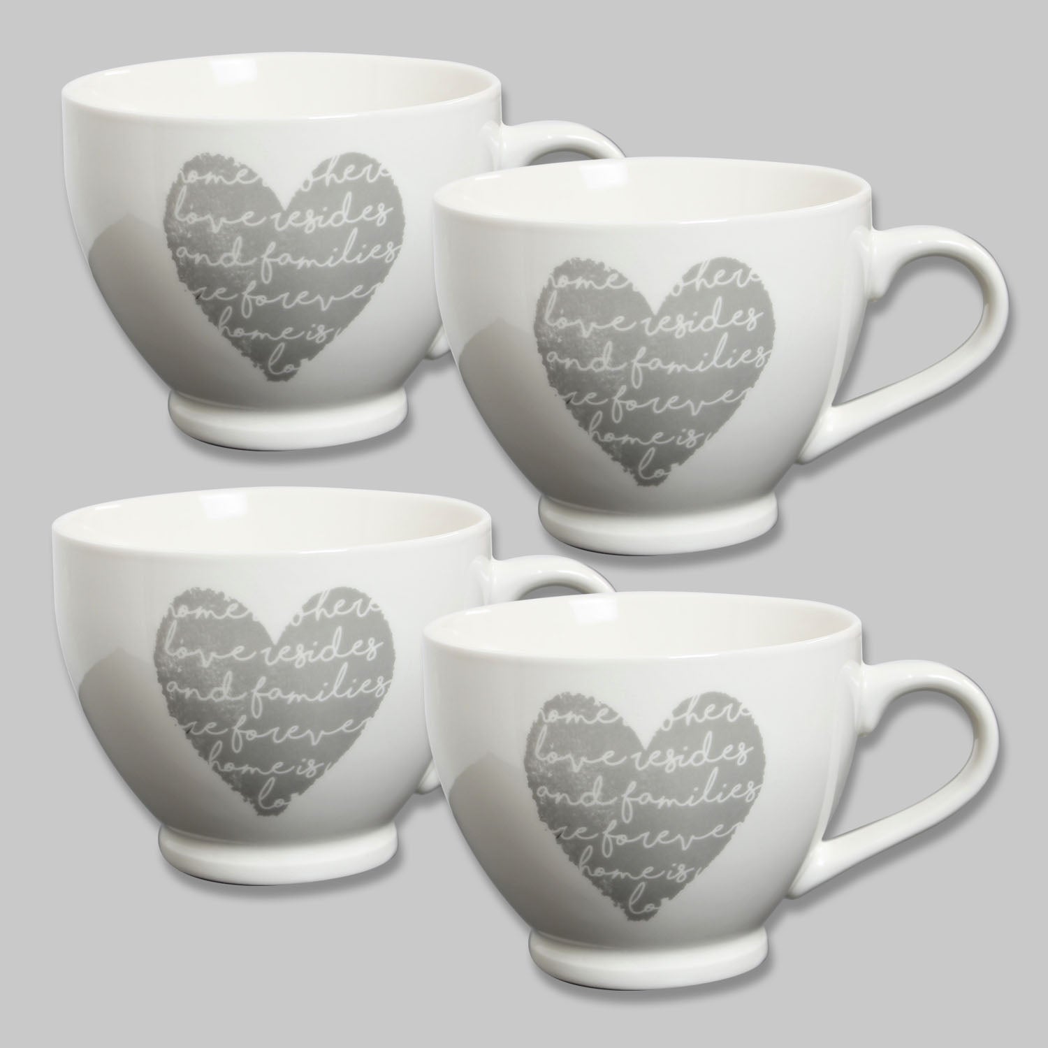 4pcs 530ml White Grey Heart Porcelain Mug