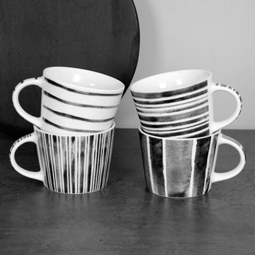 4Pcs 350ML Grey & White Stripe Porcelain Mugs
