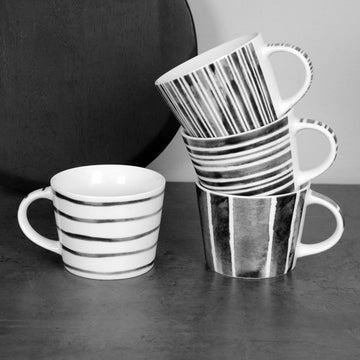 4Pcs 350ML Grey & White Stripe Porcelain Mugs