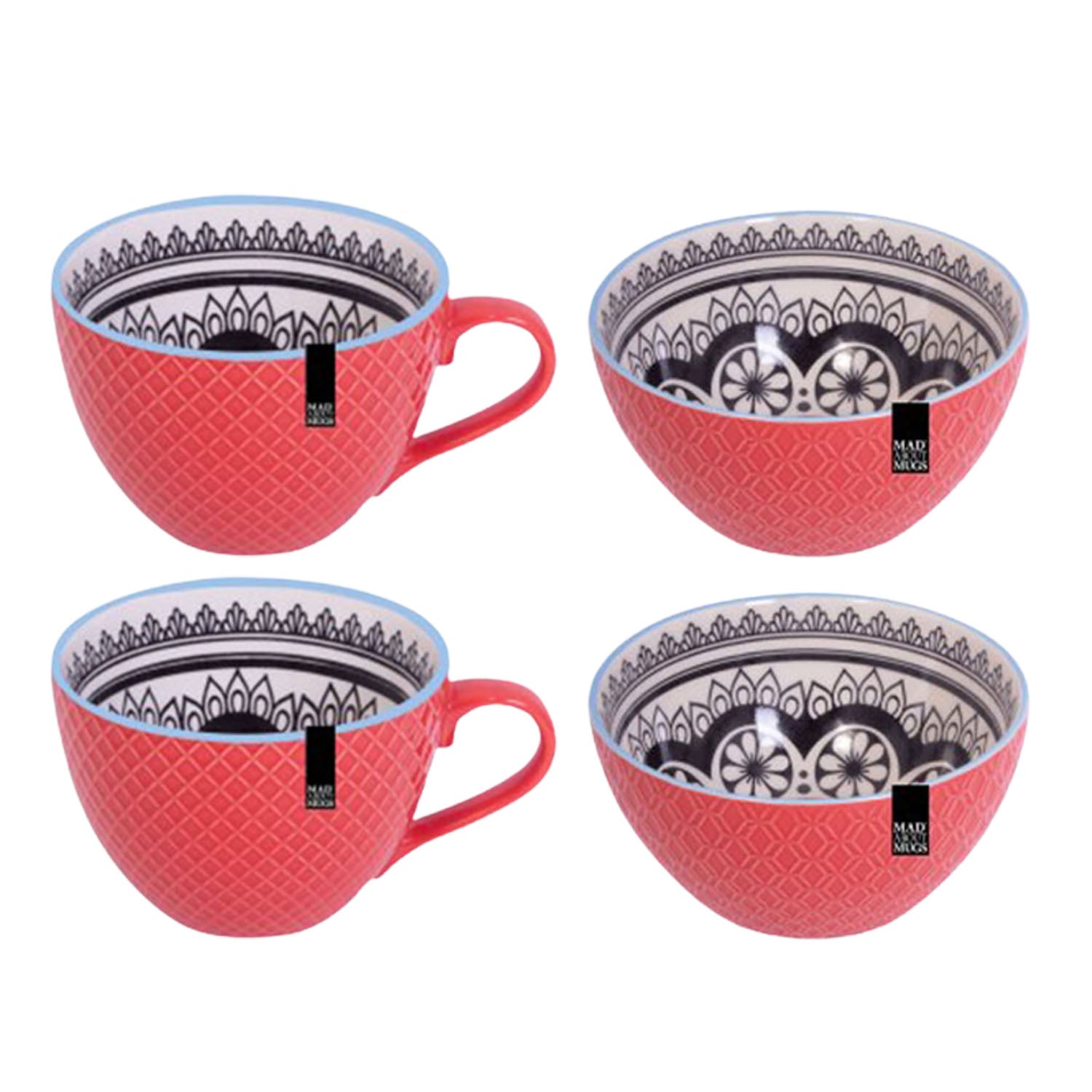 4pcs Red Ceramic Mugs & Breakfast Bowl