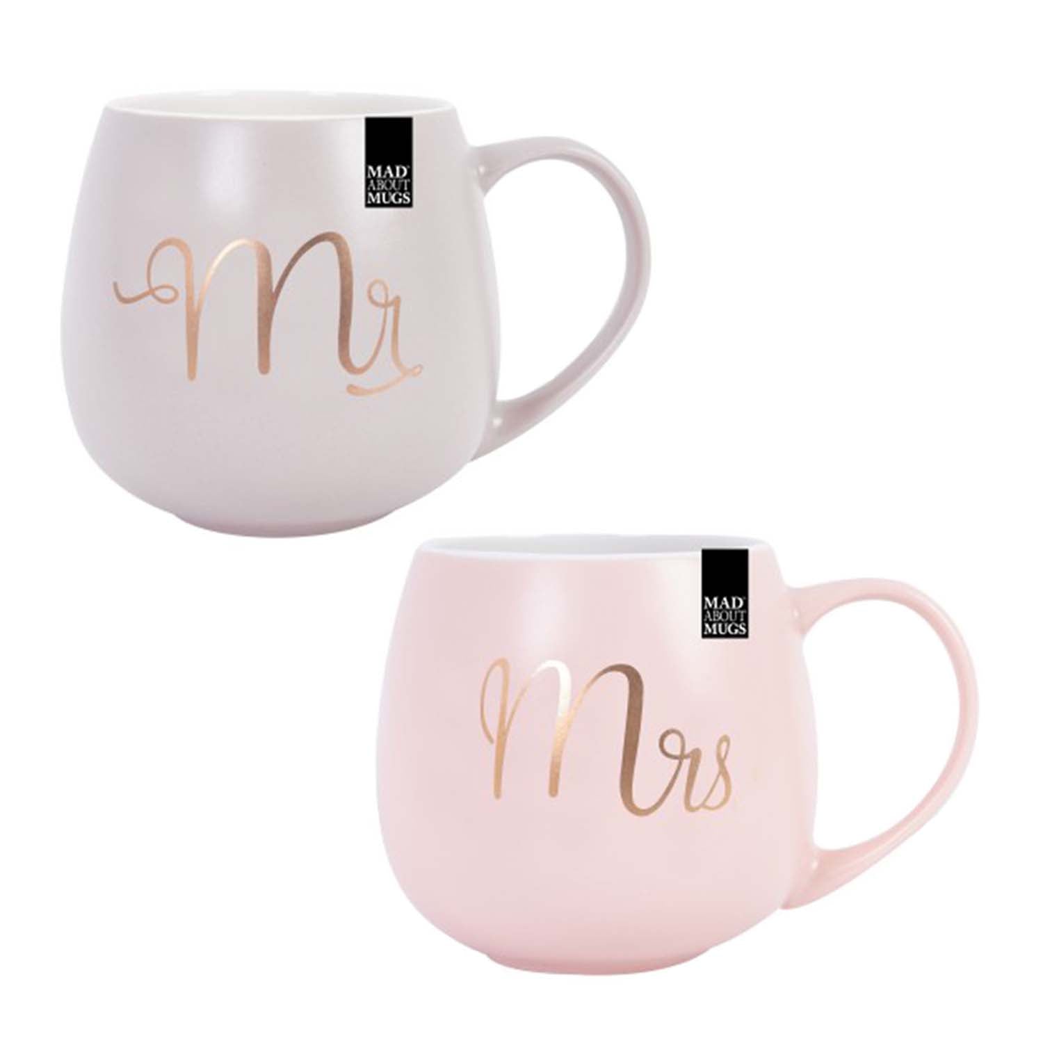 2Pc 360ml Grey & Pink New Bone China Mr & Mrs Novelty Coffee Mugs Set