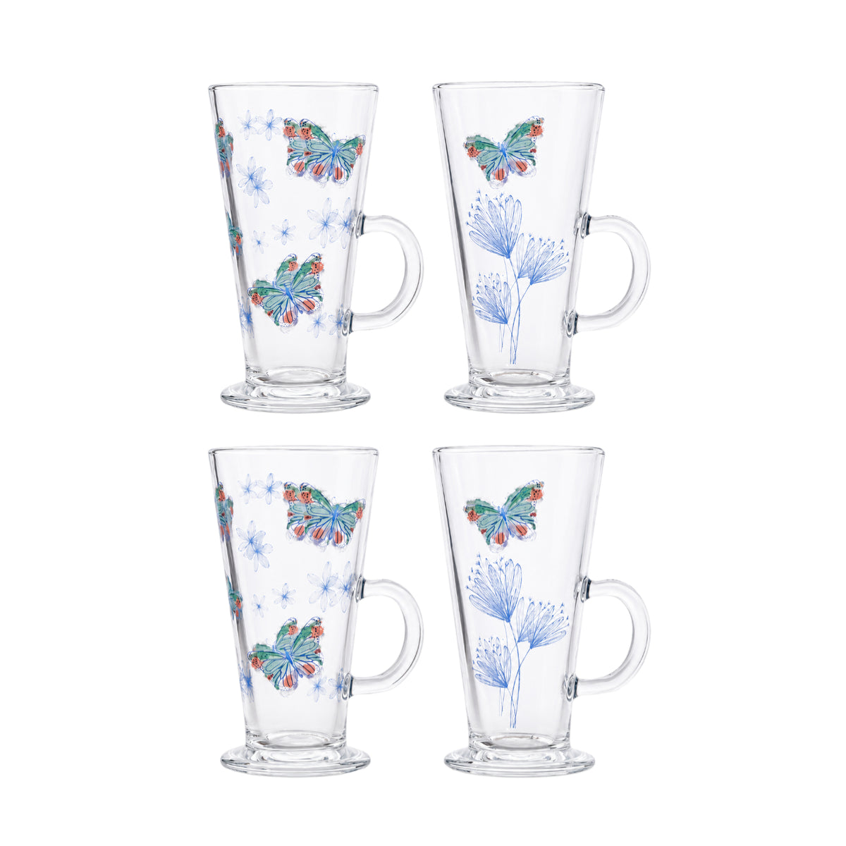 4Pcs 300ml Butterfly Floral Print Glass Latte Mug