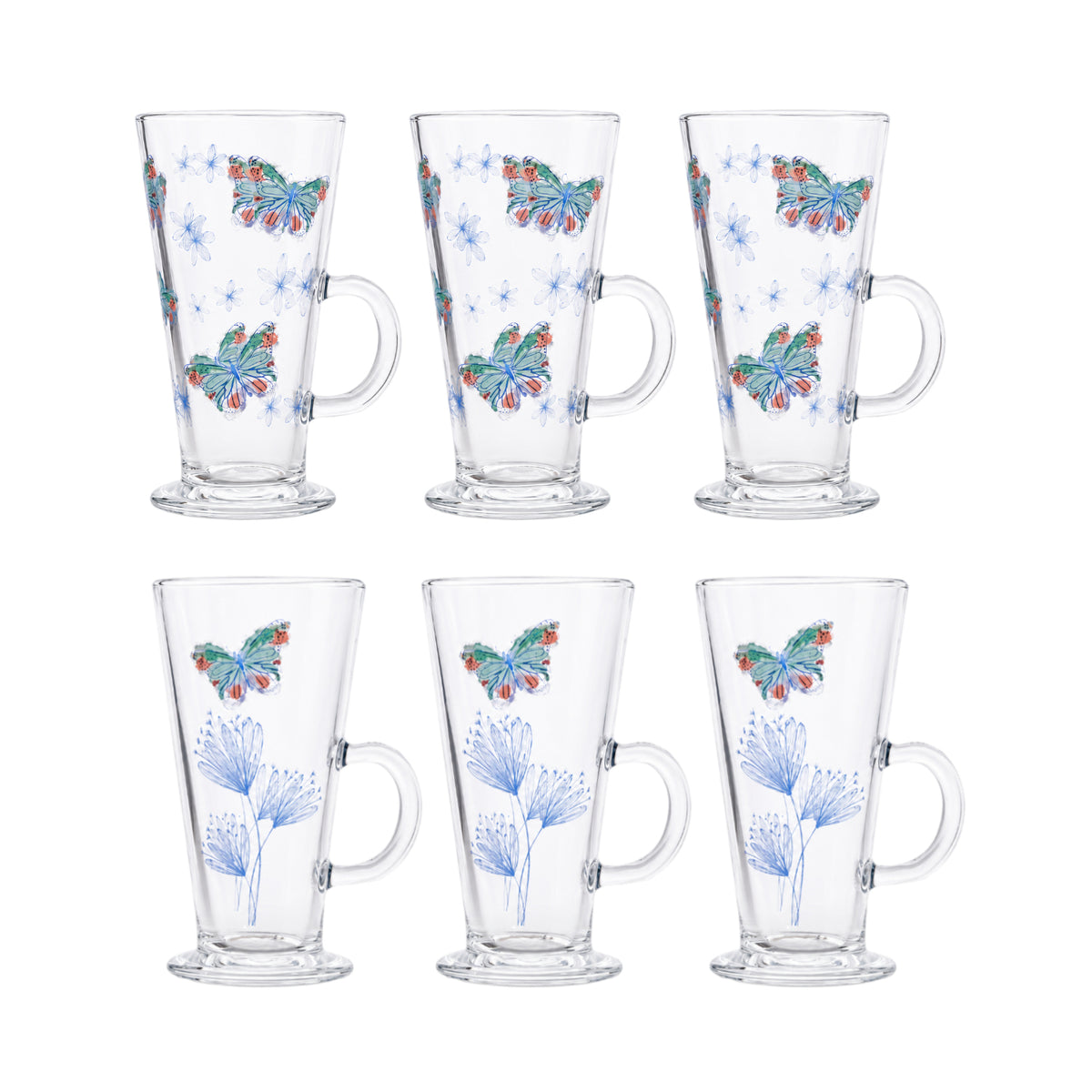 6Pcs 300ml Butterfly Floral Print Glass Latte Mug