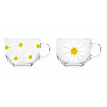 2Pcs Daisy Flower Print 425ml Glass Mug Set