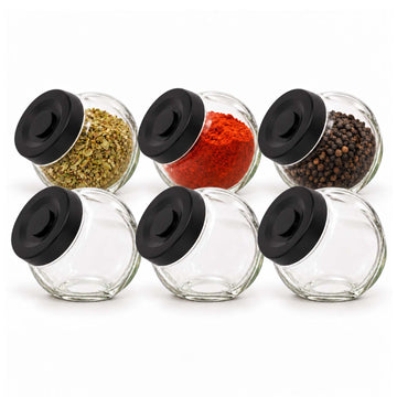 Set of 6 Clear Black Lids 160ml Spice Glass Storage Jars