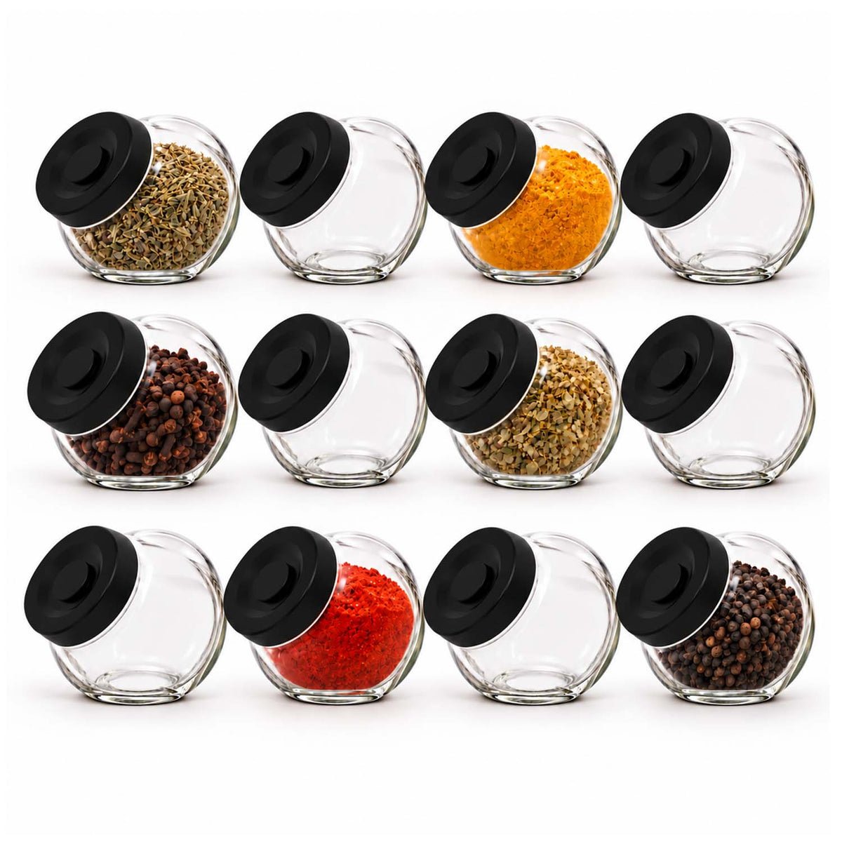 Set of 12 Clear Black Lids 160ml Spice Glass Storage Jars