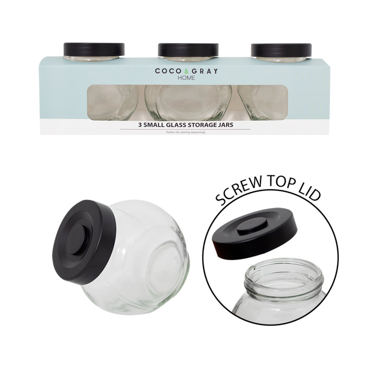 3Pcs Clear Black Lids 160ml Glass Kitchen Storage Jars