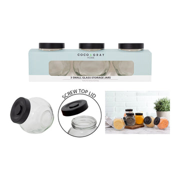 3Pcs Clear Black Lids 160ml Glass Kitchen Storage Jars