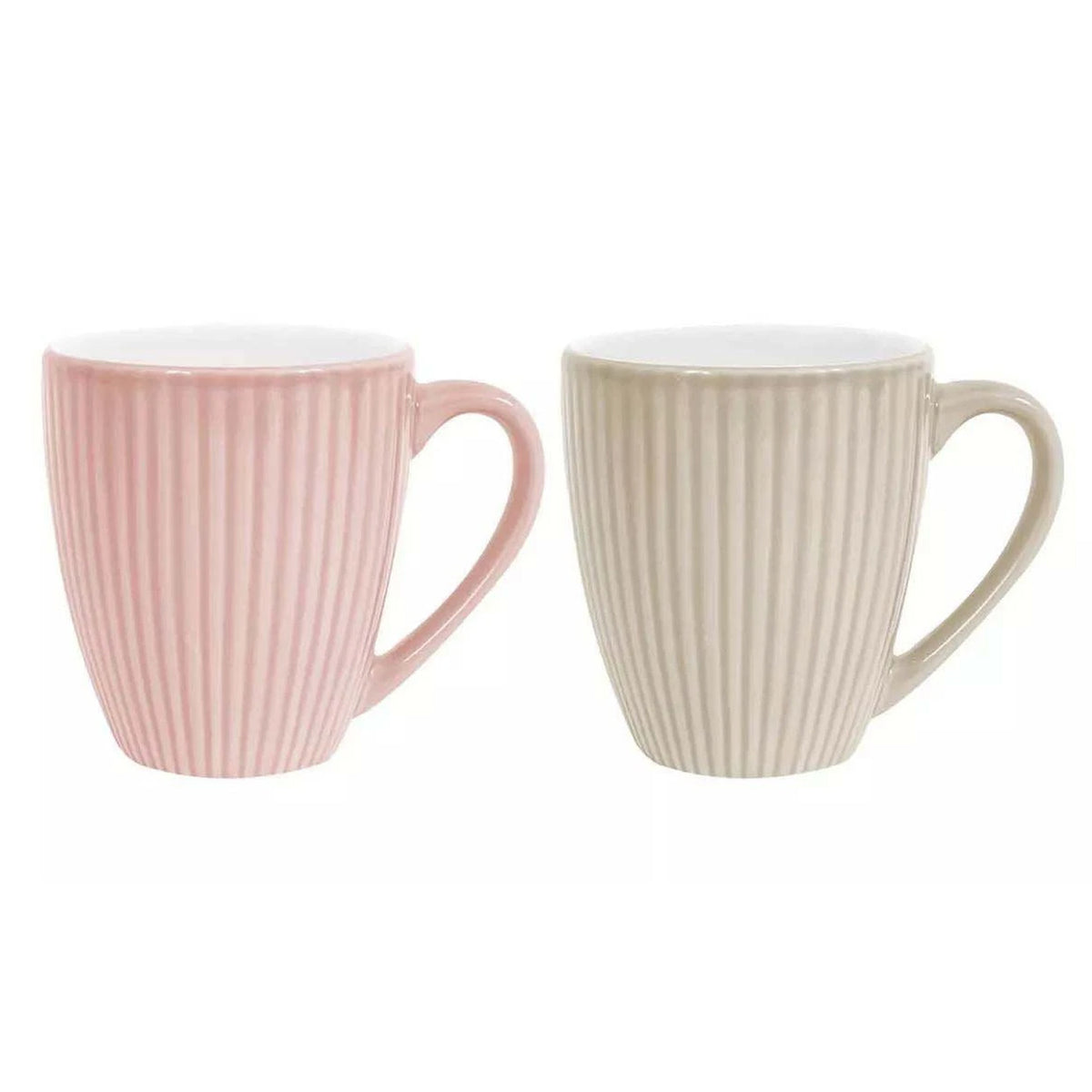 2Pcs 360ml Pink & Cream Stoneware Ribbed Coffee Mugs