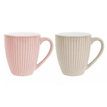 2Pcs 360ml Pink & Cream Stoneware Ribbed Coffee Mugs