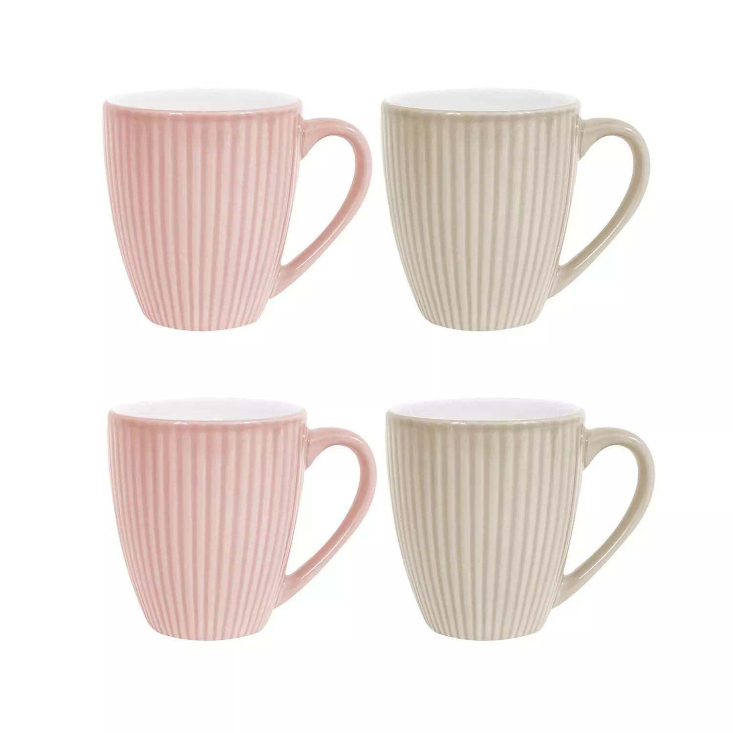 4Pcs 360ml Pink & Cream Stoneware Ribbed Coffee Mugs