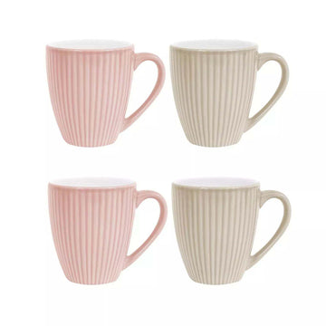 4Pcs 360ml Pink & Cream Stoneware Ribbed Coffee Mugs